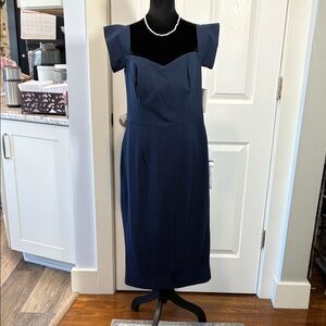 Dress the Population Navy Sweetheart Midi Dress with Structured Cap Sleeves